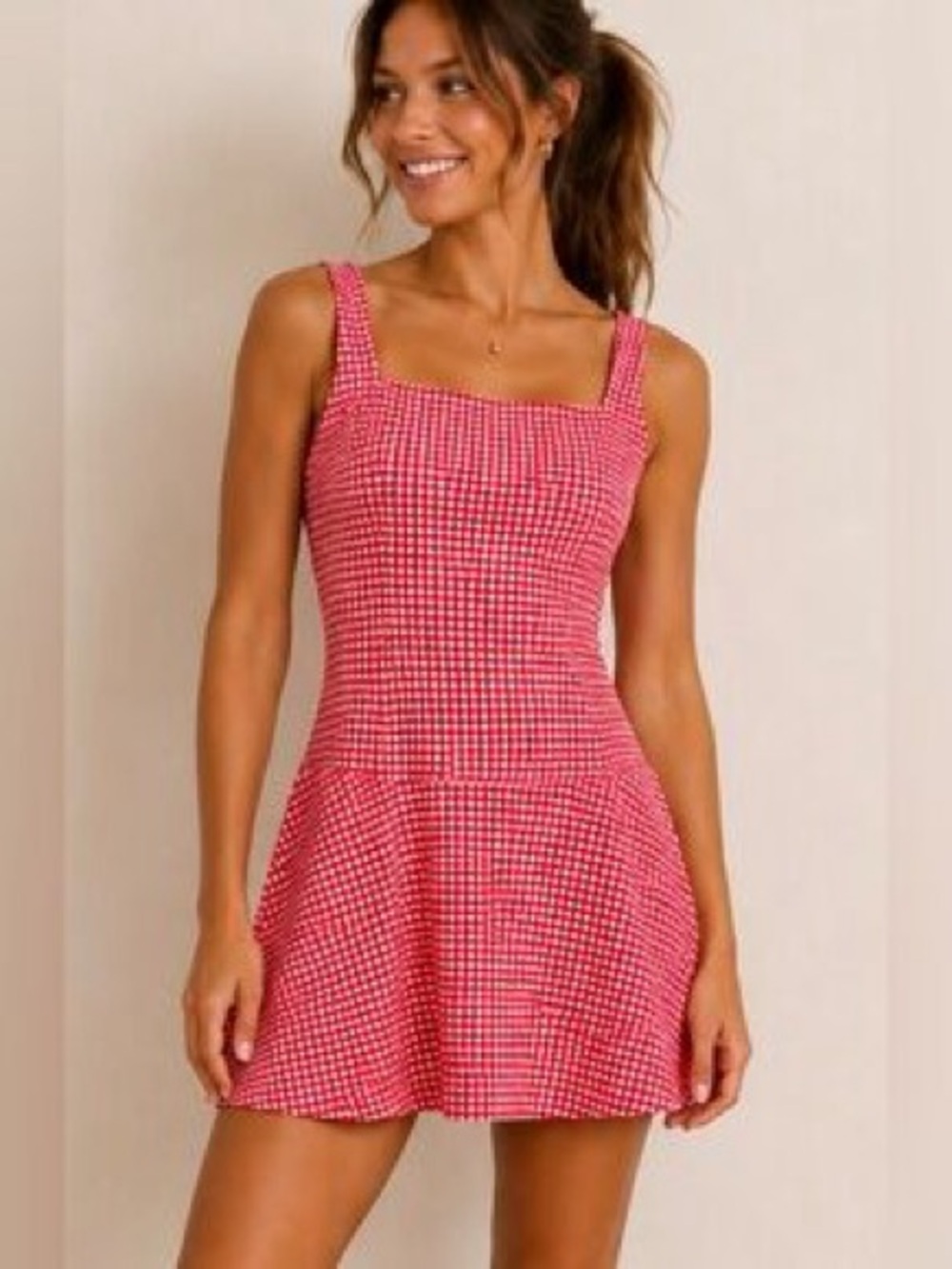 Abercrombie YPB Red Gingham Square-Neck Mini Dress Underneath Short Tennis